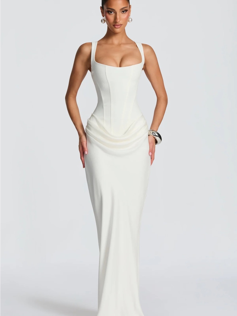 Baby Boo White Sculpted Corset Maxi Dress with Square Neck